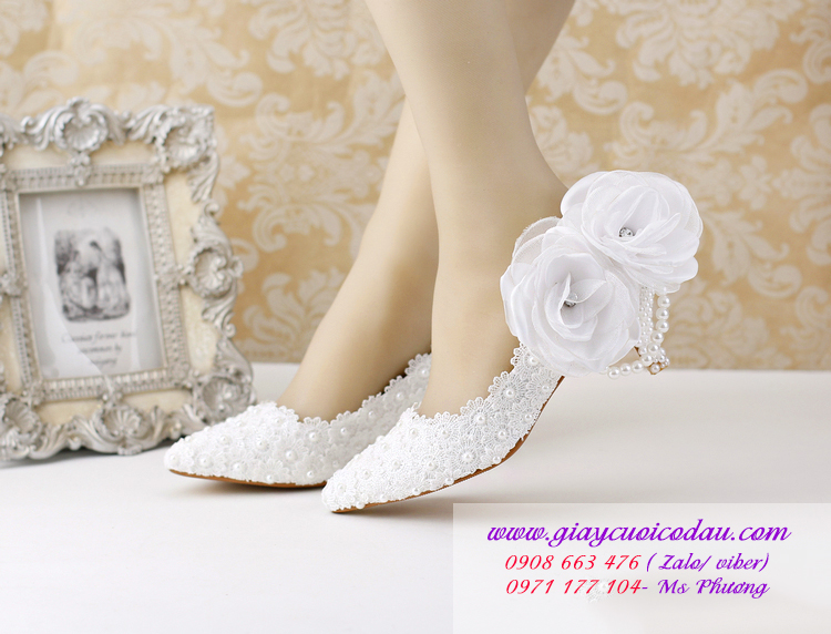 Giày cưới cô dâu cao 7cm màu trắng tinh tế GCD0104