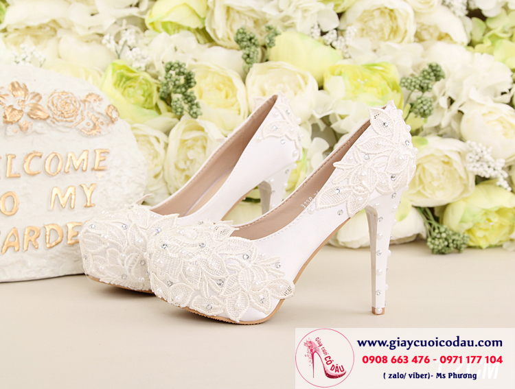 Giày cưới cô dâu màu trắng đính ren cao 10-12cm GCD100
