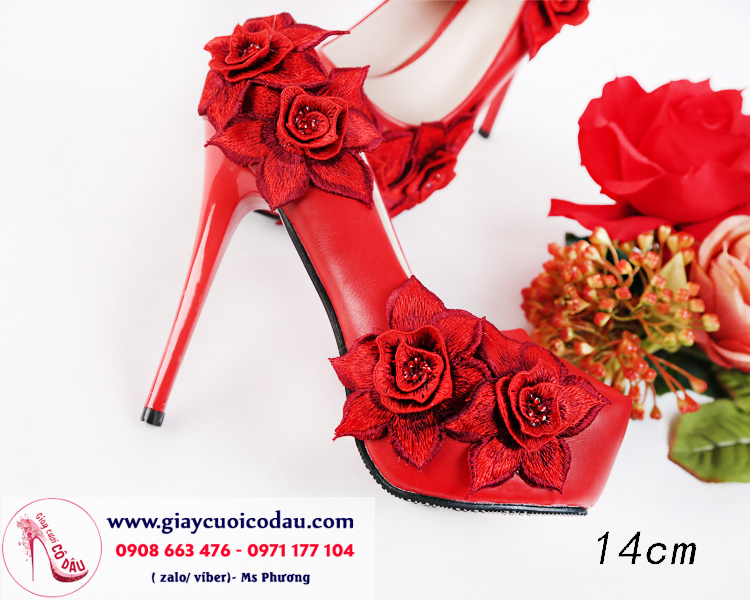 Giày cưới cô dâu màu đỏ thêu hoa 8-14cm GCD104