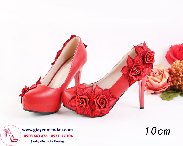 Giày cưới cô dâu màu đỏ thêu hoa 8-14cm GCD104