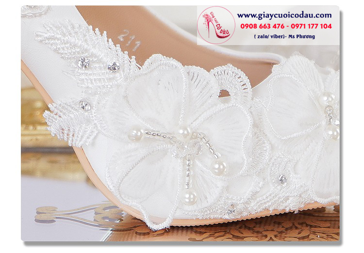 Giày cưới đinh hoa màu trắng nhẹ nhàng cao 6-8-10cm GCD111