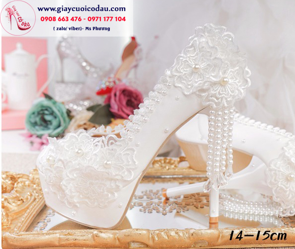 Giày cưới cao gót màu trắng đính hoa TINH TẾ GCD113