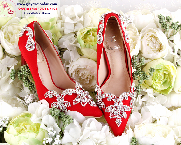 Giày cưới cô dâu màu đỏ đính đá sang trọng GCD13