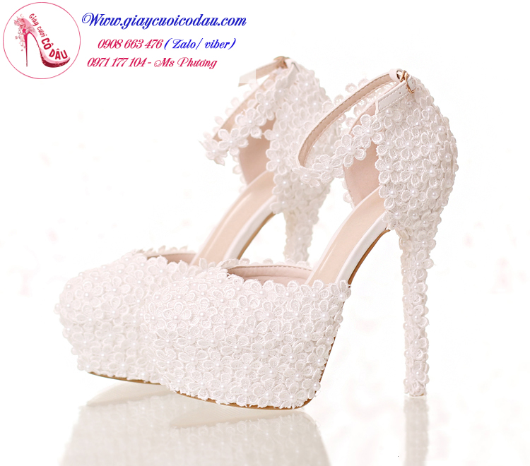 Giày cưới cô dâu màu trắng hoa nhỏ xinh xắn GCD1505