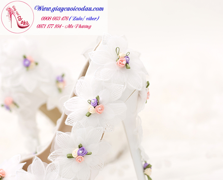 Giày cưới cô dâu đính ren màu trắng dễ thương GCD2601