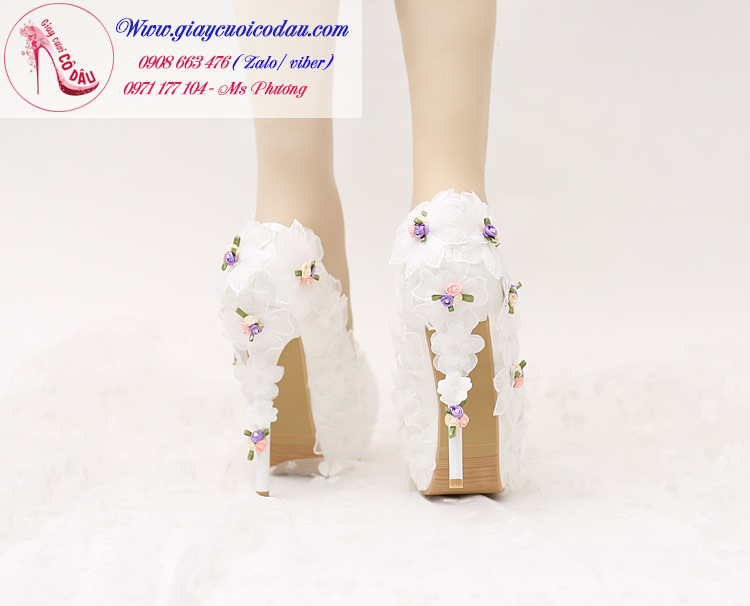 Giày cưới cô dâu đính ren màu trắng dễ thương GCD2601