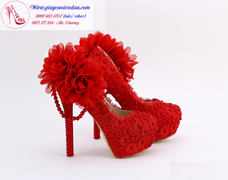 Giày cưới đỏ đính hoa hồng gót ngọc trai GCD31