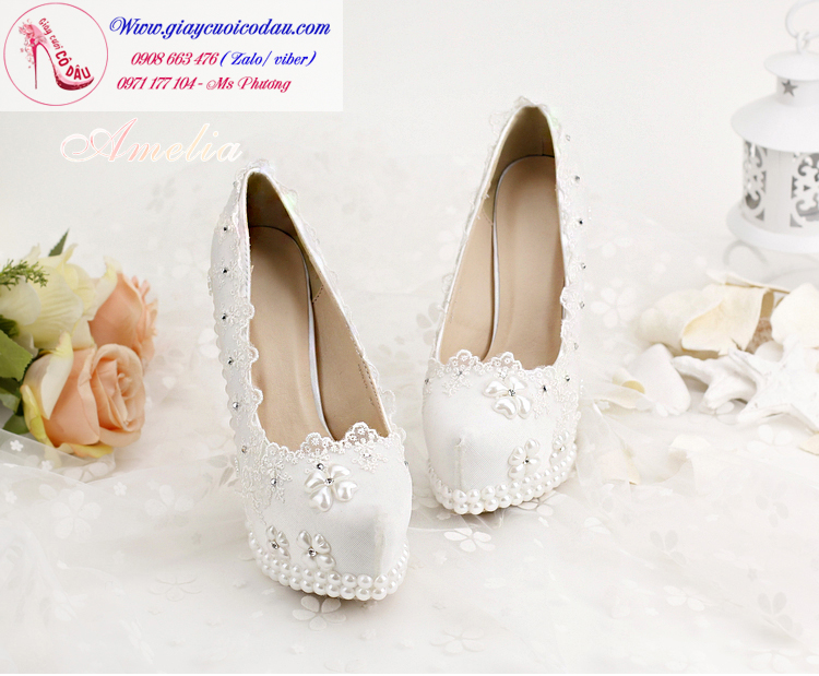 Giày cưới màu trắng gót ngọc trai cao 5-14cm GCD32