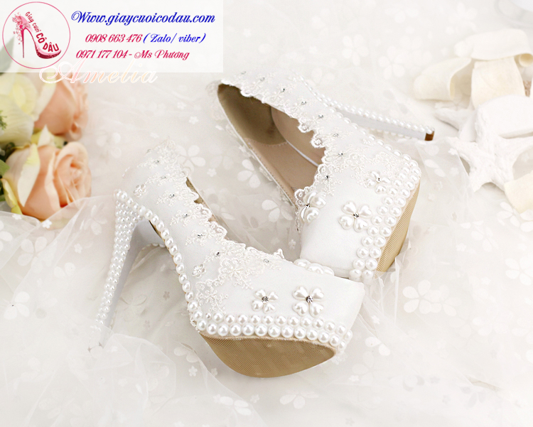 Giày cưới màu trắng gót ngọc trai cao 5-14cm GCD32