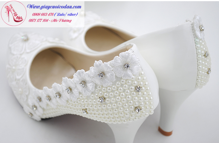 Giày cưới cô dâu màu trắng đính ngọc trai GCD3501