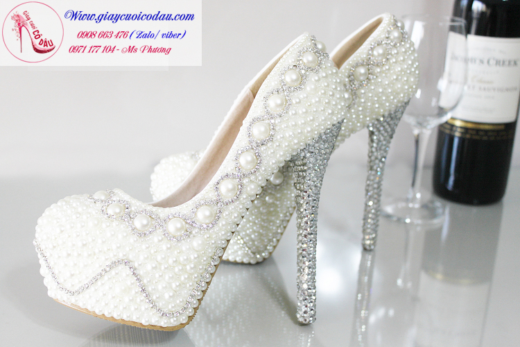 Giày cưới cô dâu màu trắng ngọc trai sang trọng 3-14cm GCD36