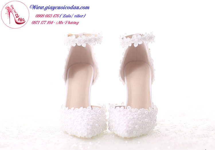 Giày cưới cô dâu ren màu trắng quai ngang GCD43