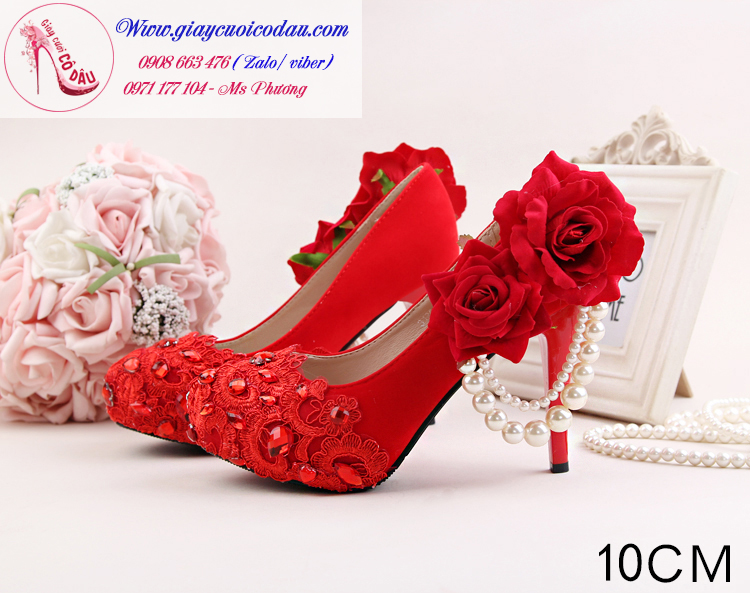 Giày cưới cô dâu màu đỏ hoa hồng ngọc trai GCD52