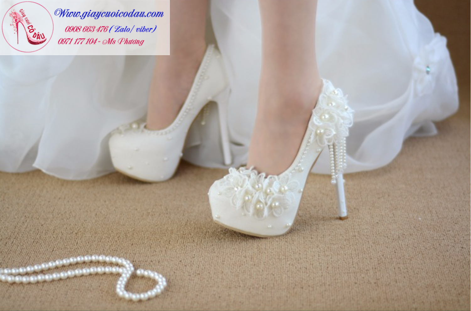 Giày cưới cô dâu màu trắng sang trọng cao 6- 8- 11- 14cm GCD59