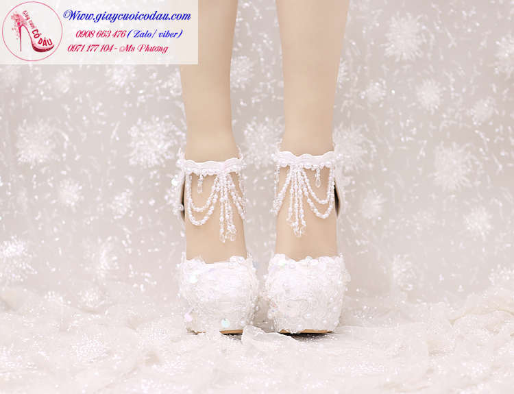 Giày cưới cô dâu màu trắng ren hiện đại cao 12-14cm GCD69