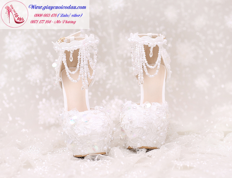 Giày cưới cô dâu màu trắng ren hiện đại cao 12-14cm GCD69