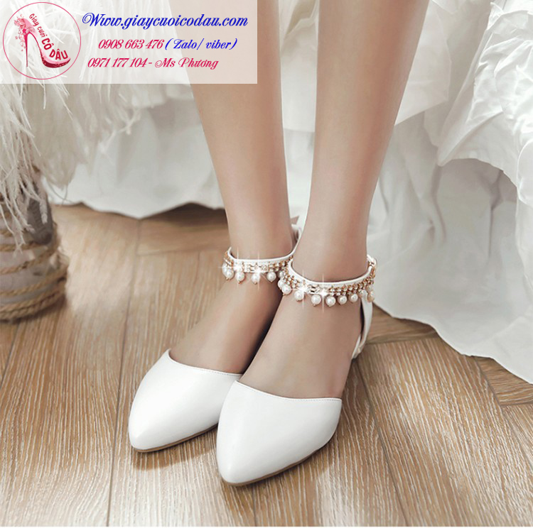 Giày cưới cô dâu đế trệt màu trắng tinh khôi GCD7601