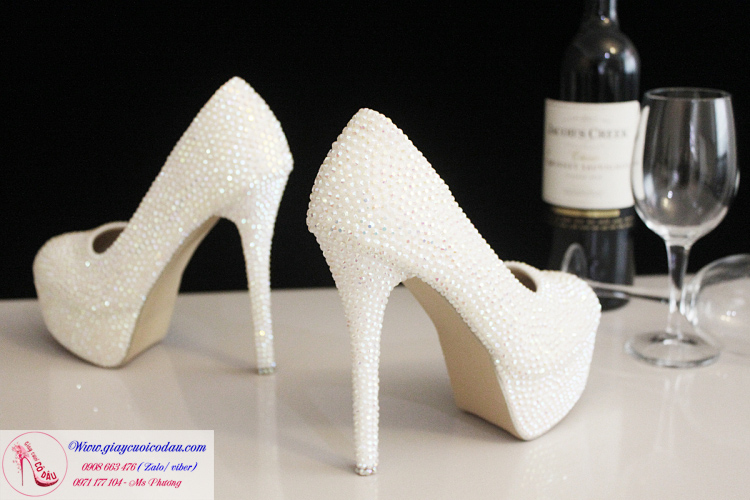 Giày cưới cô dâu đính hạt màu trắng đơn giản 4- 12cm GCD77