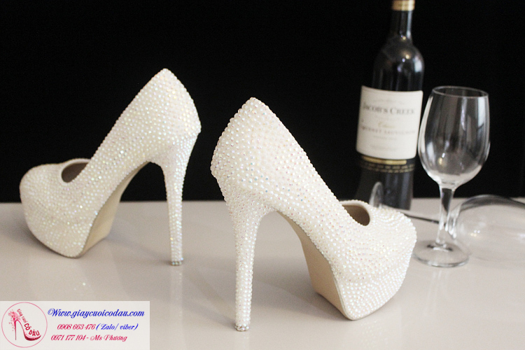 Giày cưới cô dâu đính hạt màu trắng đơn giản 4- 12cm GCD77