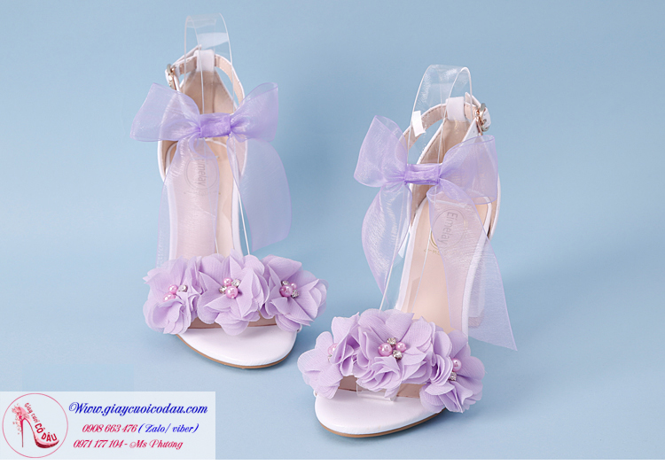 Giày cưới cô dâu đính hoa màu trắng tím GCD8003