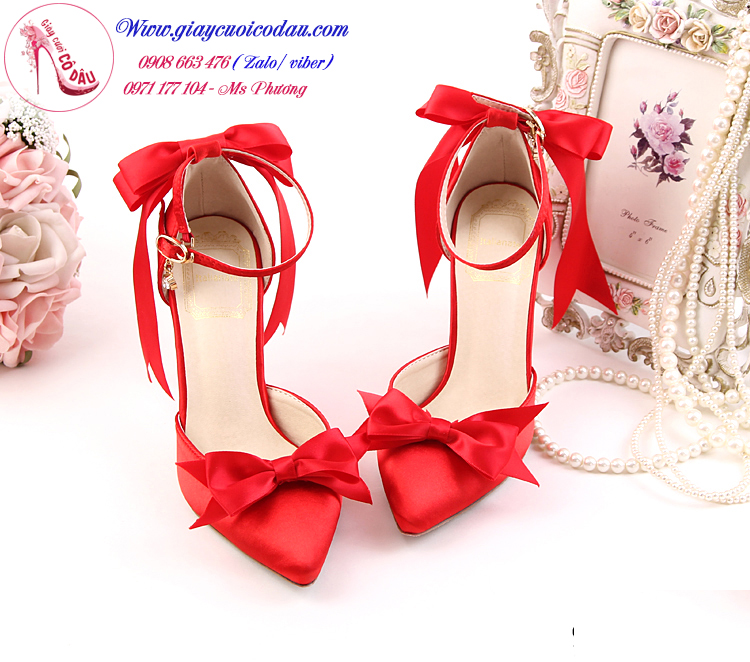 Giày cưới cô dâu đính nơ màu đỏ rực rỡ GCD8103