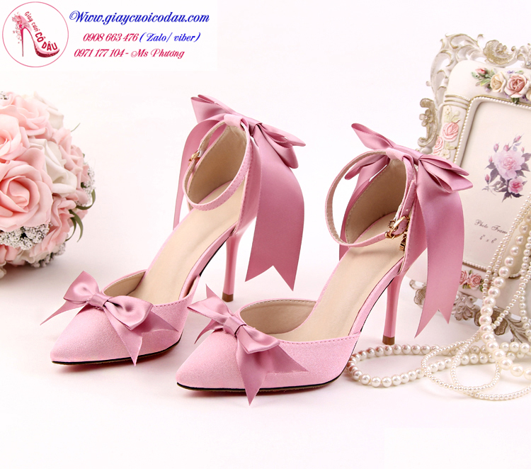 Giày cưới cô dâu đính nơ màu hồng dễ thương GCD8102
