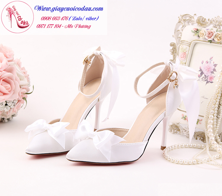 Giày cưới cô dâu đính nơ màu trắng dễ thương GCD8101