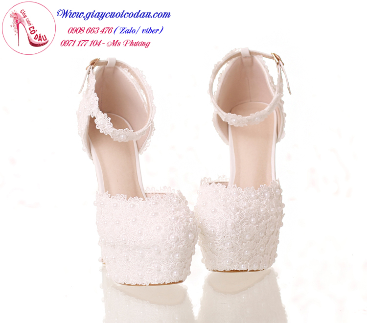 Giày cưới cô dâu màu trắng đính ren công chúa GCD84