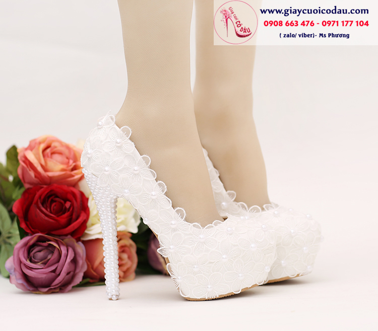 Giày cưới cô dâu màu trắng ren công chúa GCD90