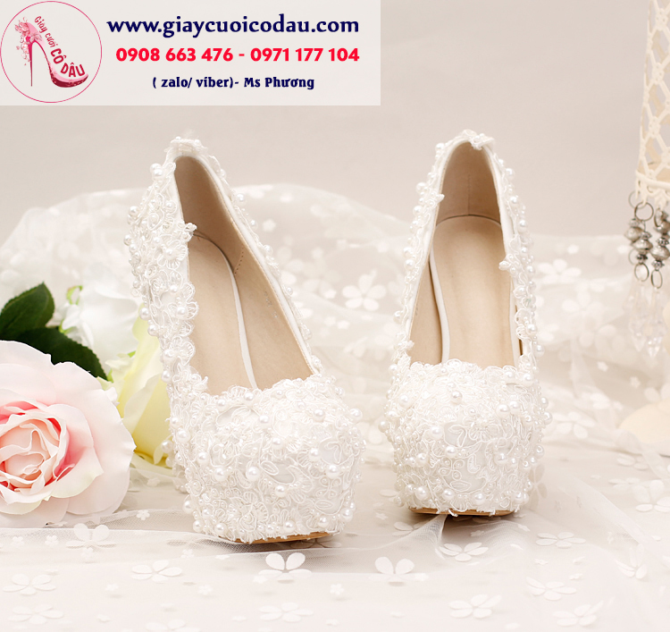Giày cưới cô dâu đính ren màu trắng GCD91
