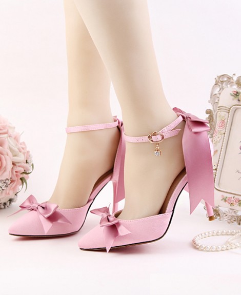 Giày cưới cô dâu đính nơ màu hồng dễ thương GCD8102