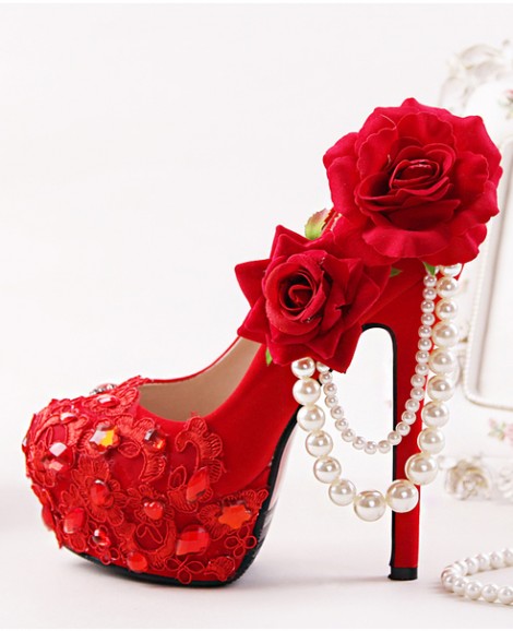 Giày cưới cô dâu màu đỏ hoa hồng ngọc trai GCD52