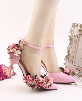 Giày cưới cô dâu màu hồng đính hoa 9cm GCD6201