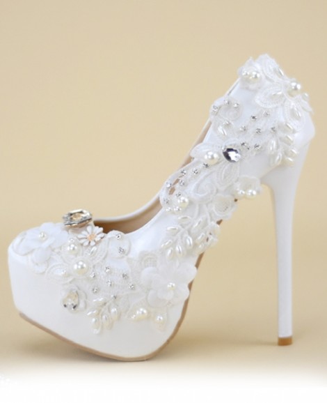 Giày cưới cô dâu màu trắng mũi tròn đính hạt 11- 14cm  GCD58