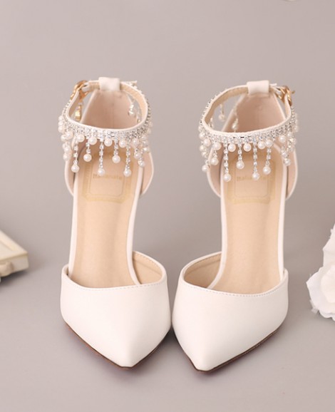 Giày cưới cô dâu quai ngang xinh xắn màu trắng trơn GCD4701