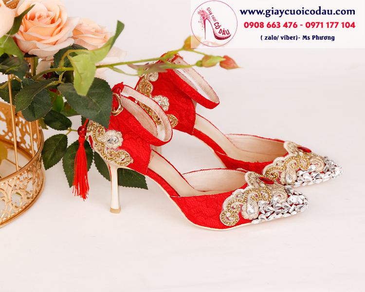 Giày cưới cô dâu màu đỏ quai ngang GCD101