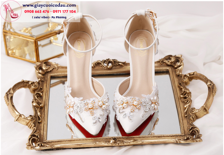 Giày cưới cô dâu màu trắng quai ngang xinh xắn GCD108