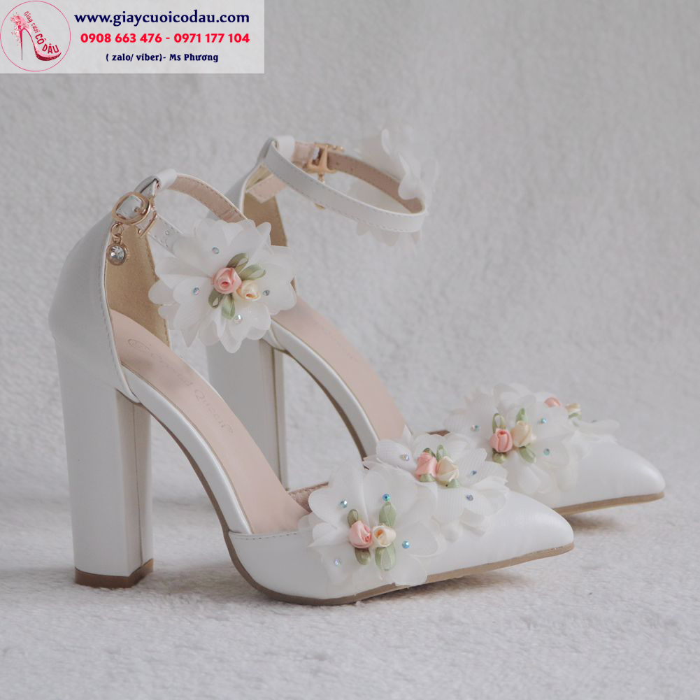 Giày cưới cao gót mũi nhọn gót vuông đính hoa xinh xắn GCD128