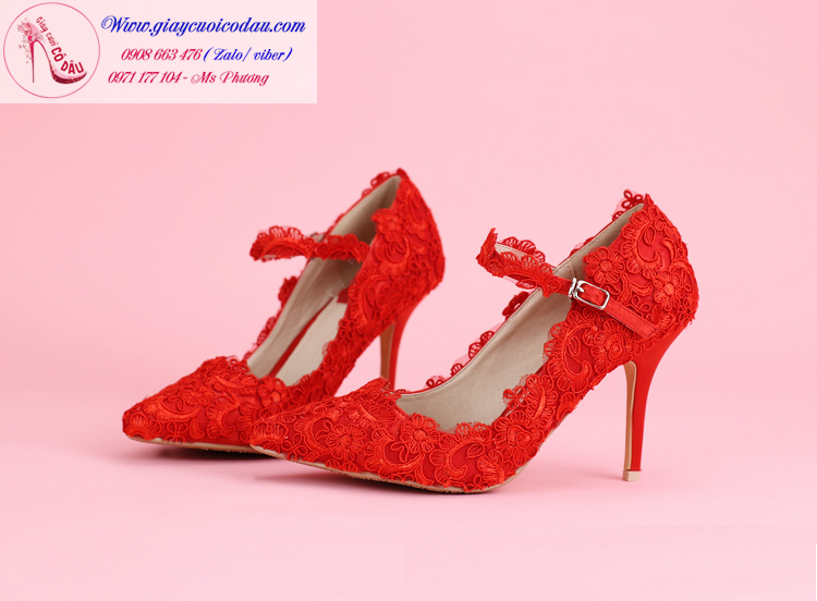 Giày cưới cô dâu màu đỏ ren xinh xắn GCD2501 dành cho nàng dâu thích sự đơn giản!