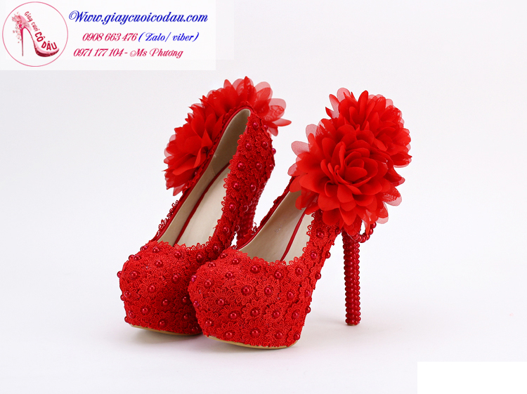 Giày cưới đỏ đính hoa hồng gót ngọc trai GCD31