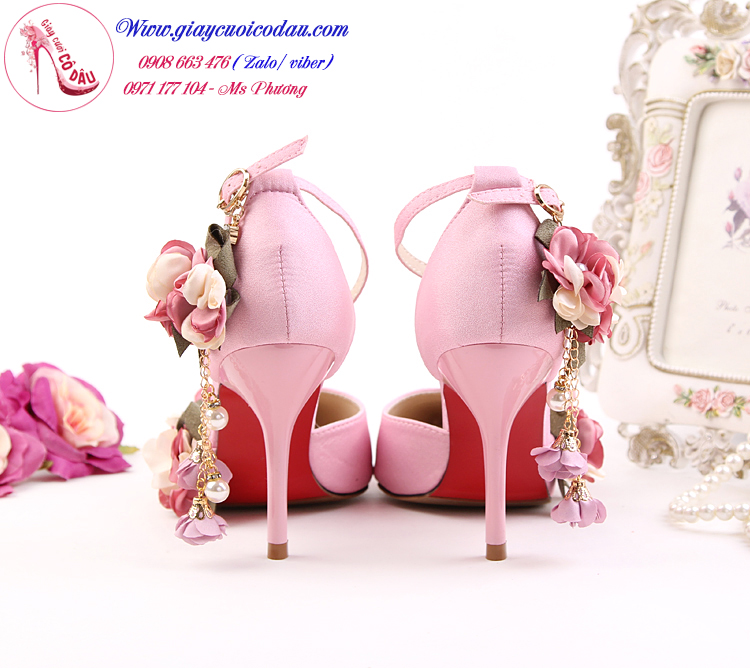 Giày cưới cô dâu màu hồng đính hoa 9cm GCD62