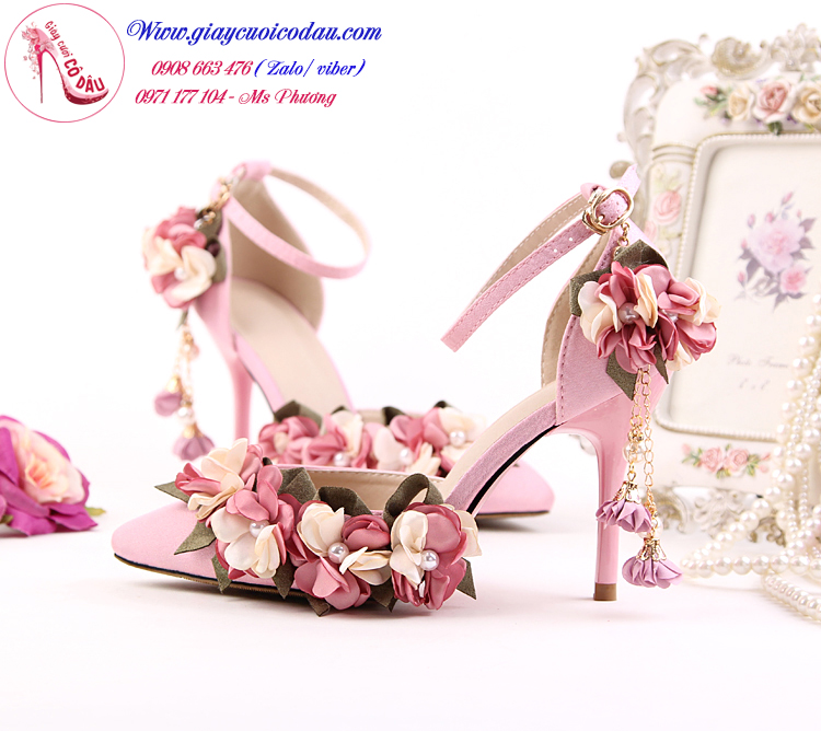Giày cưới cô dâu màu hồng đính hoa 9cm GCD62