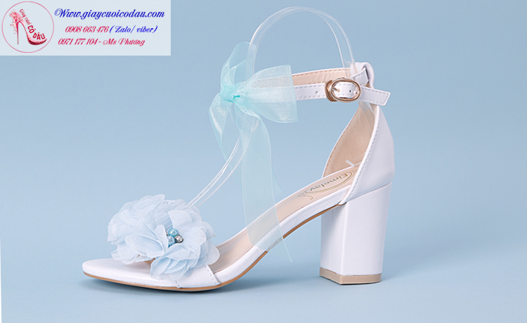 Giày cưới cô dâu đính hoa màu trắng xanh GCD8004