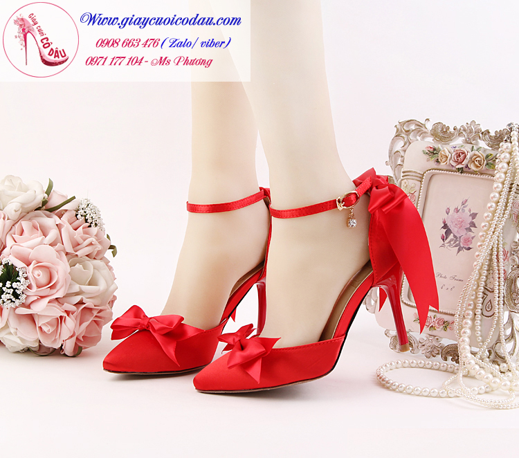 Nhẹ nhàng và tinh tế với giày cưới cô dâu đính nơ màu đỏ GCD8103