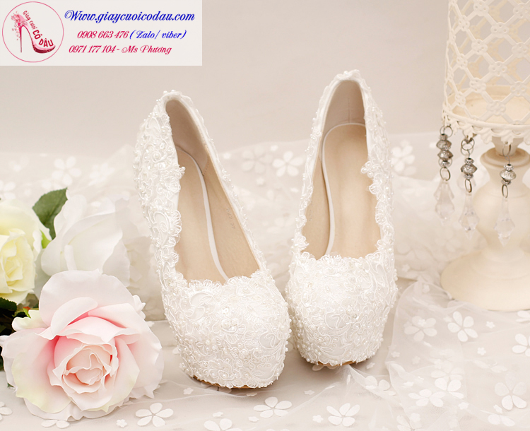 Giày cưới ren gót ngọc trai màu trắng GCD82