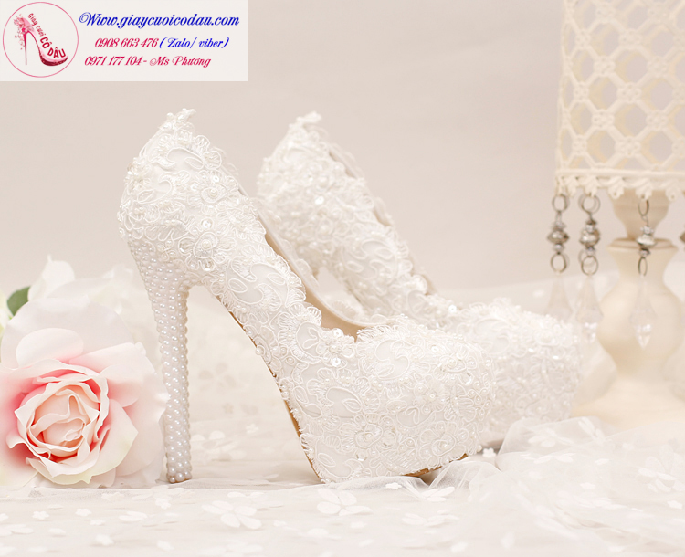 Giày cưới ren gót ngọc trai màu trắng GCD82