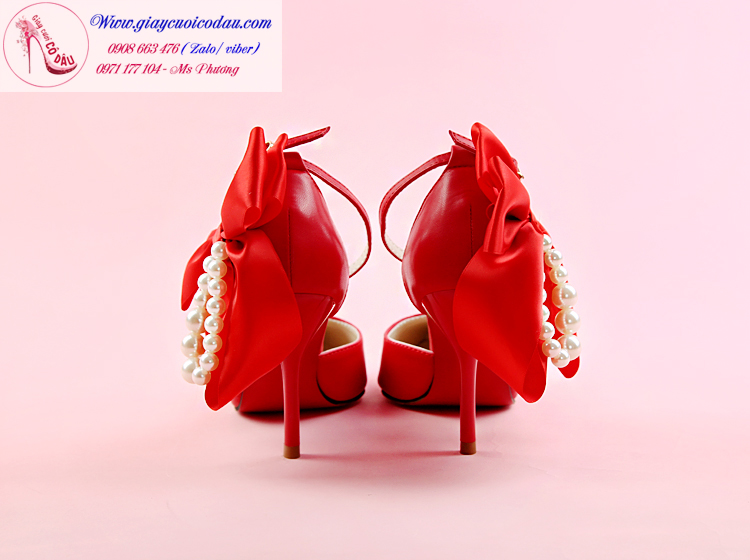 Giày cưới cô dâu màu đỏ đính nơ GCD8602