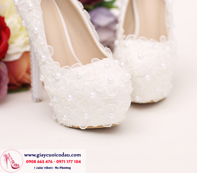 Giày cưới cô dâu màu trắng ren công chúa GCD90