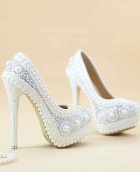 Giày cưới cô dâu đính ngọc trai sang trọng 8-10-12cm GCD64