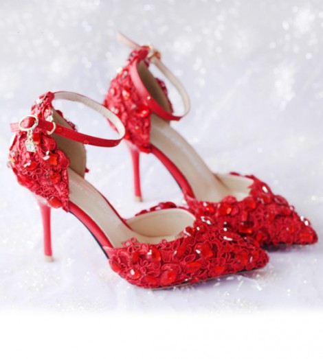 Giày cưới cô dâu màu đỏ quai ngang xinh xắn GCD1402